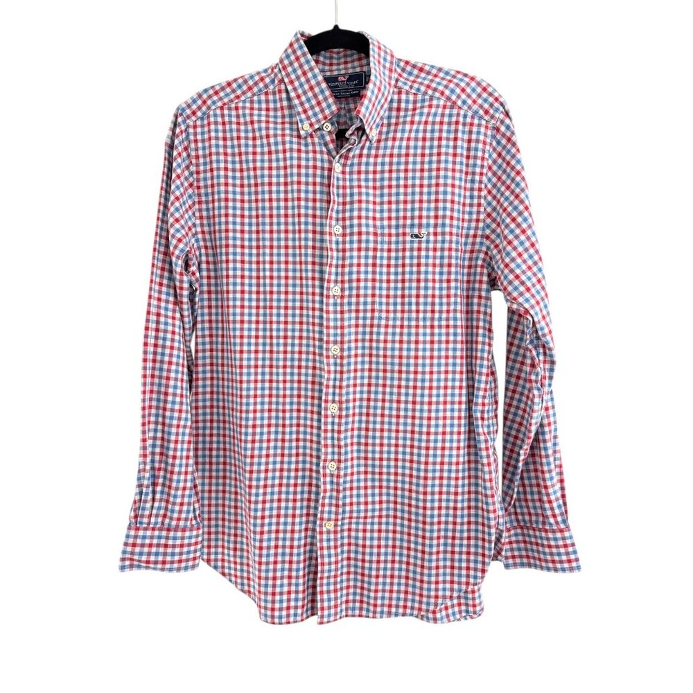Vineyard Vines‎ Red Blue Check Gingham Preppy Slim Fit Tucker Shirt Size M Whale - Picture 2 of 9